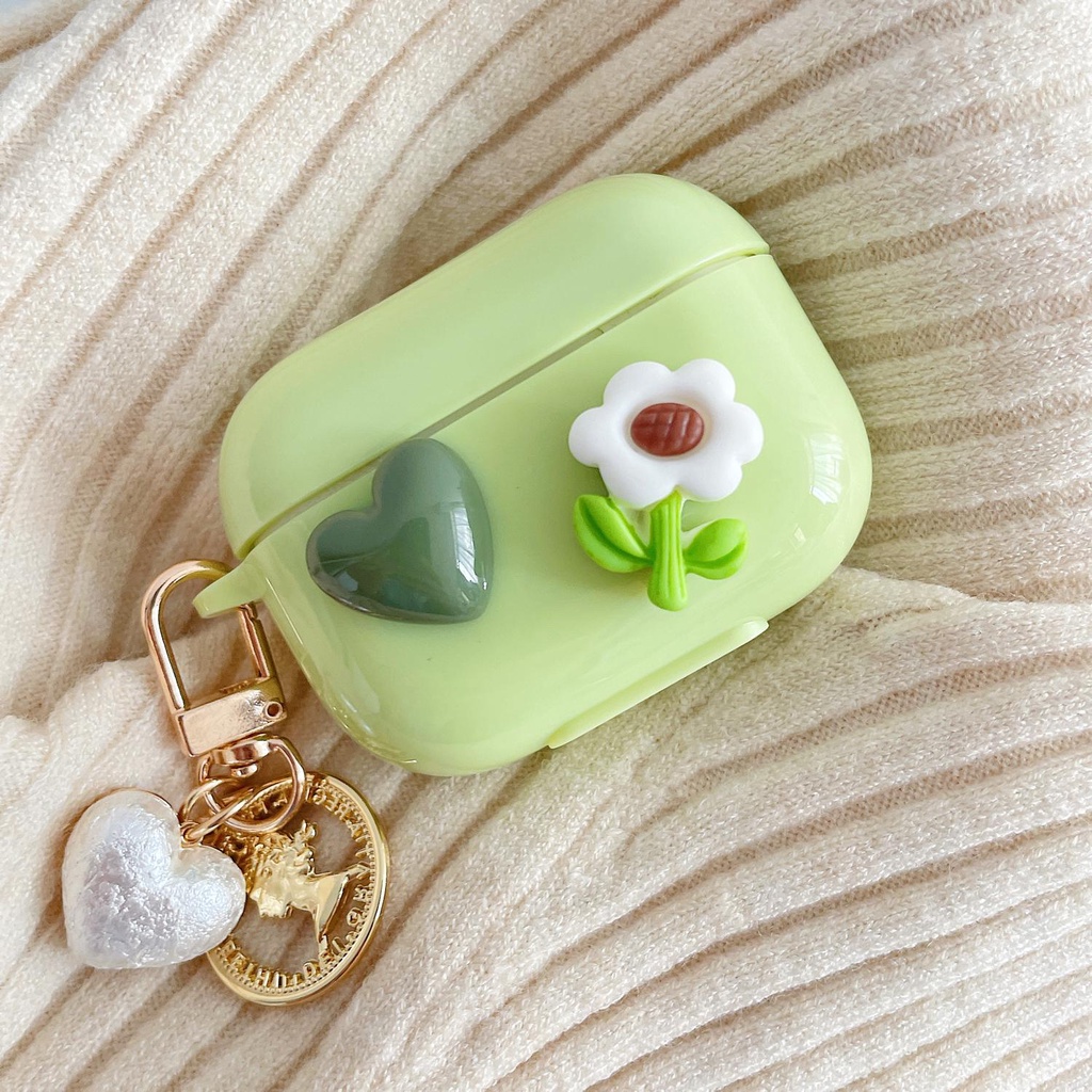 Green Love Heart  AirPods 1/2 Pro Case with Cain Shockproof Headset Protector Hard Case