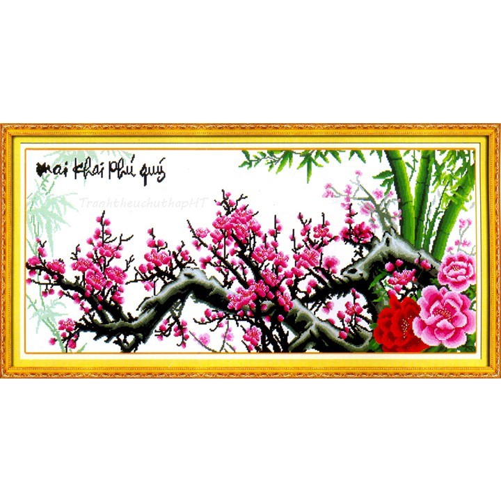 Tranh thêu chữ thập Mai khai phú quý 104x49cm LV3244