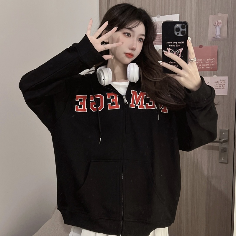 ZHELIHANGFEI Áo Hoodie Tay Dài Form Rộng Họa Tiết Thêu Theo Phong Cách Preppy Mỹ