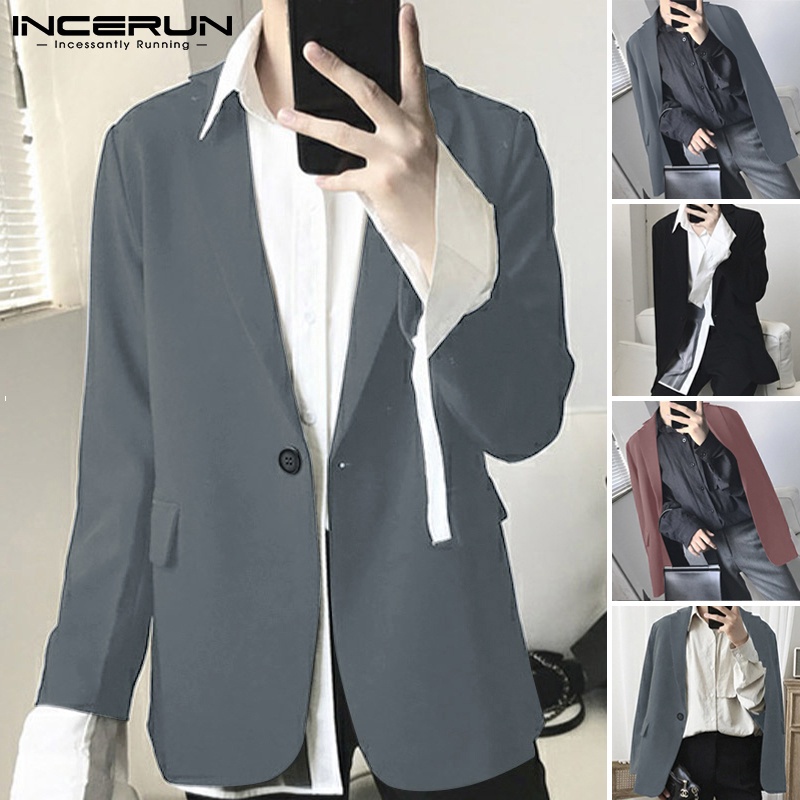 Áo blazer INCERUN màu trơn tay dài phối một nút phong cách Hàn Quốc thời trang cho nam