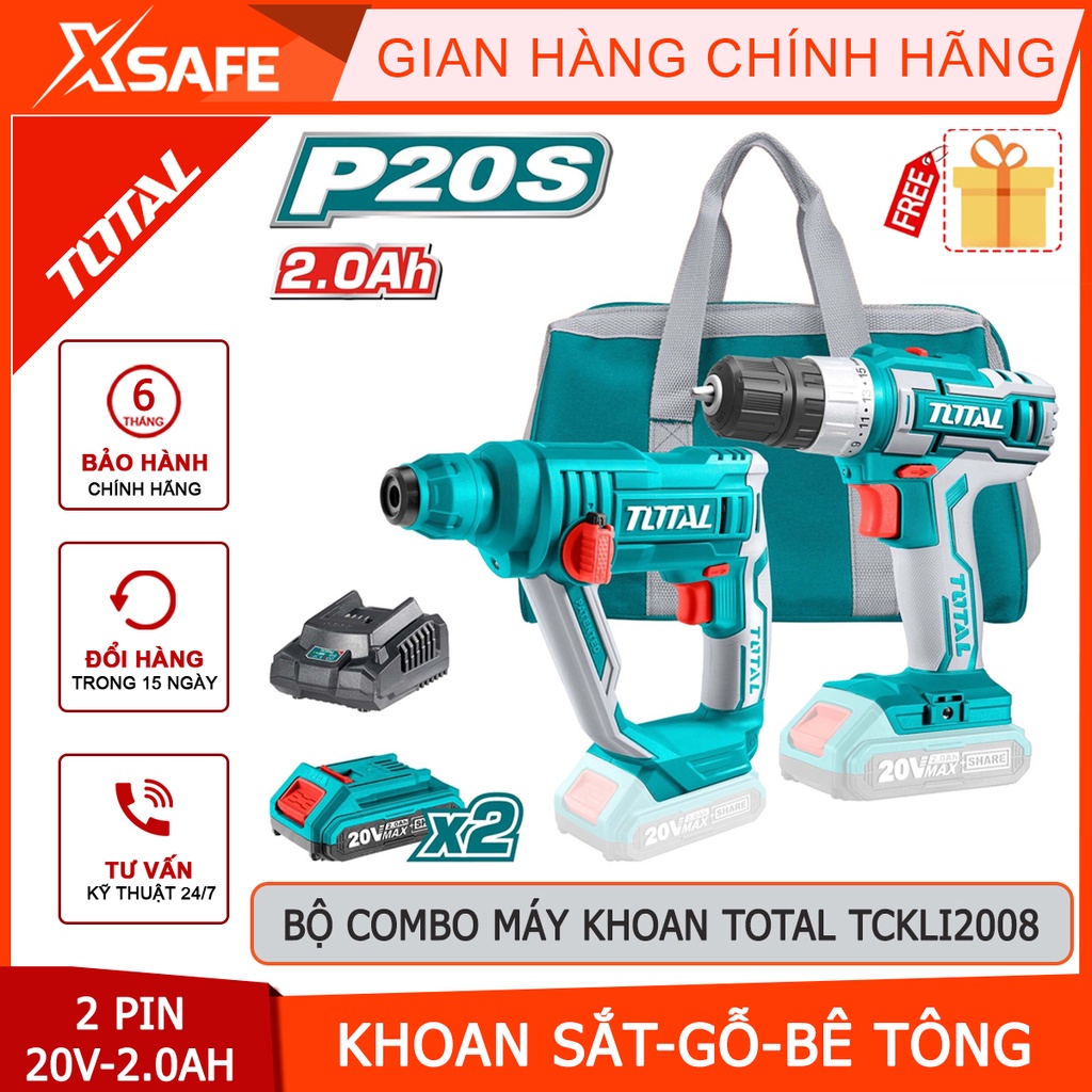 Bộ máy khoan cầm tay TOTAL TCKLI2008 gồm 2 máy khoan pin 20V, kèm 2 pin 2.0Ah 1 sạc, dùng khoan đục gỗ, bê tông,kim loại