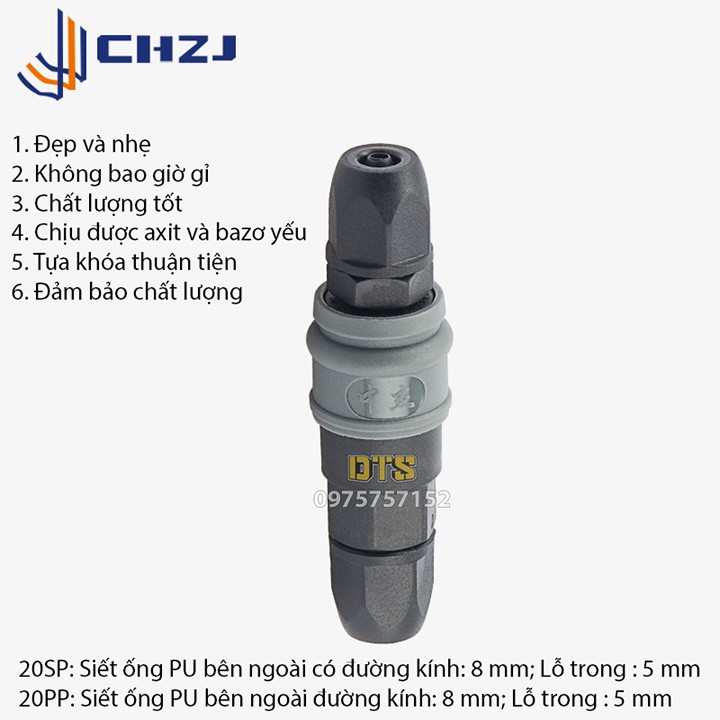 Bộ đầu nối nhanh dây hơi phi 8 CHZJ 20SP+20PP khớp nối nhanh tự động khóa bằng nhựa thép đặc chủng chống va đập