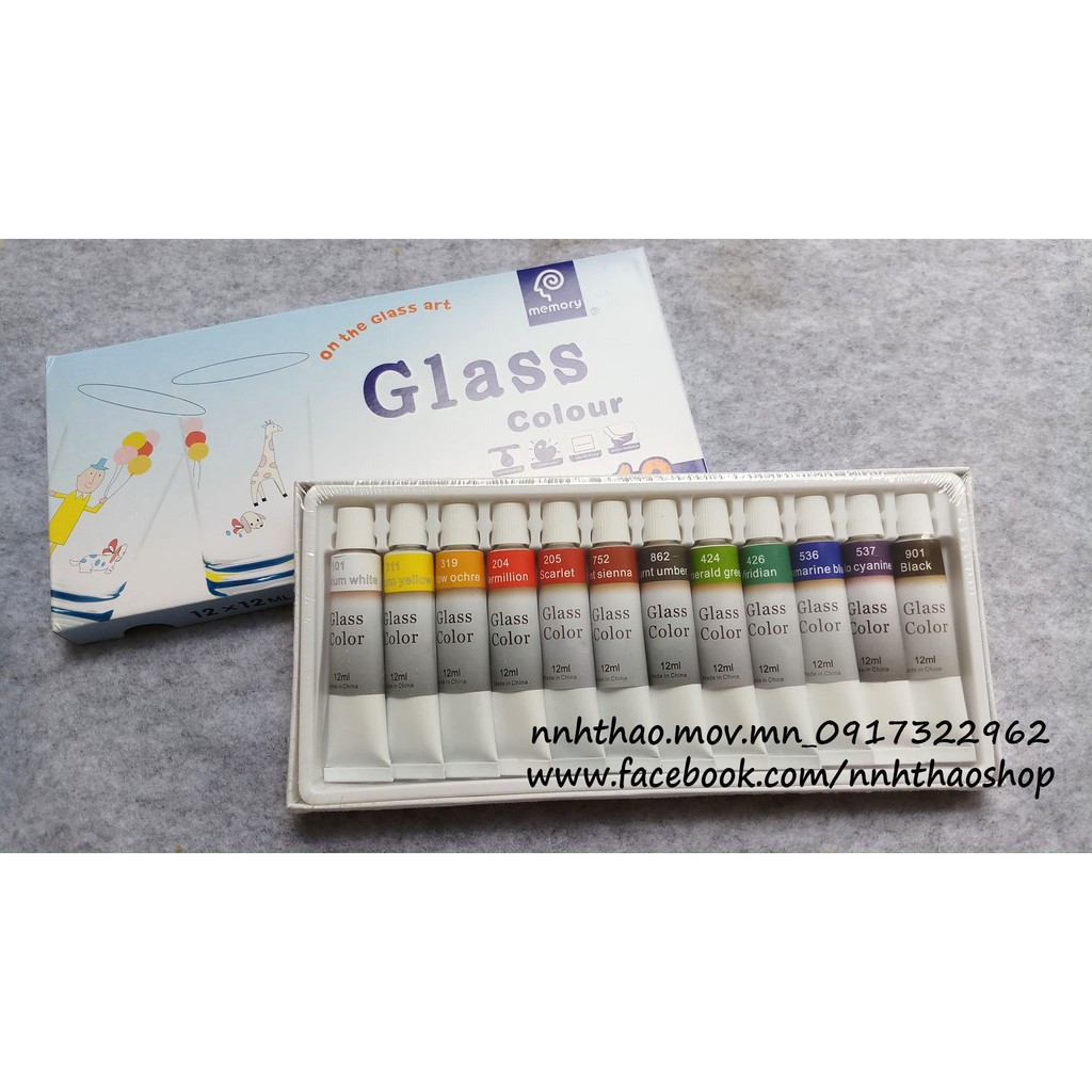 Màu vẽ kính_Glass colour hộp 12 màu (1 tuýp 12ml)