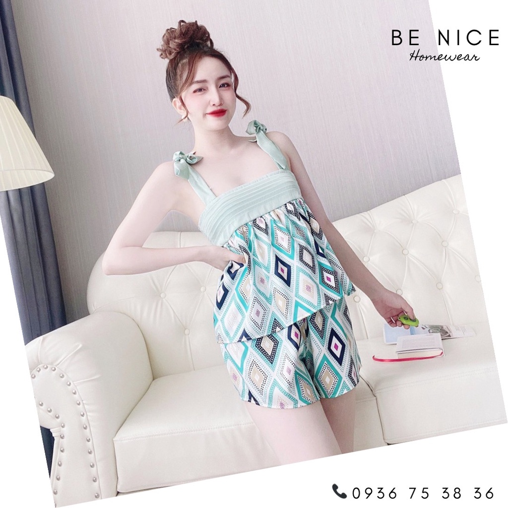 Bộ lụa mặc nhà cột nơ vai nhiều họa tiết xinh xắn cho nàng nhà Be Nice Homewear