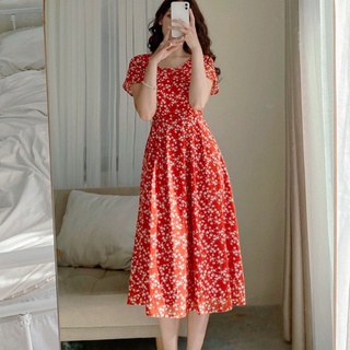 Váy cổ tròn hoa nhí đỏ Min Design