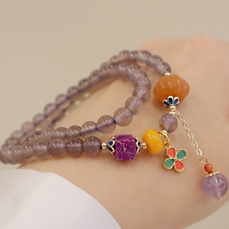 [Hàng Mới] Vòng Tay Mã Não Xám Phong Cách Trung Hoa Cổ Điển Mặt Cỏ Bốn Lá Và Cỏ Bốn Lá