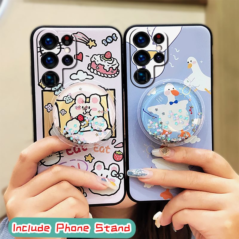 Ốp điện thoại dạng kim tuyến nước gắn giá đỡ họa tiết hoạt hình cho Samsung Galaxy S22 Ultra