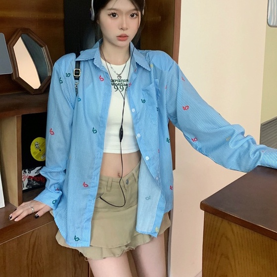 Áo sơ mi ZHELIHANGFEI tay dài chống nắng dáng rộng in họa tiết xinh xắn