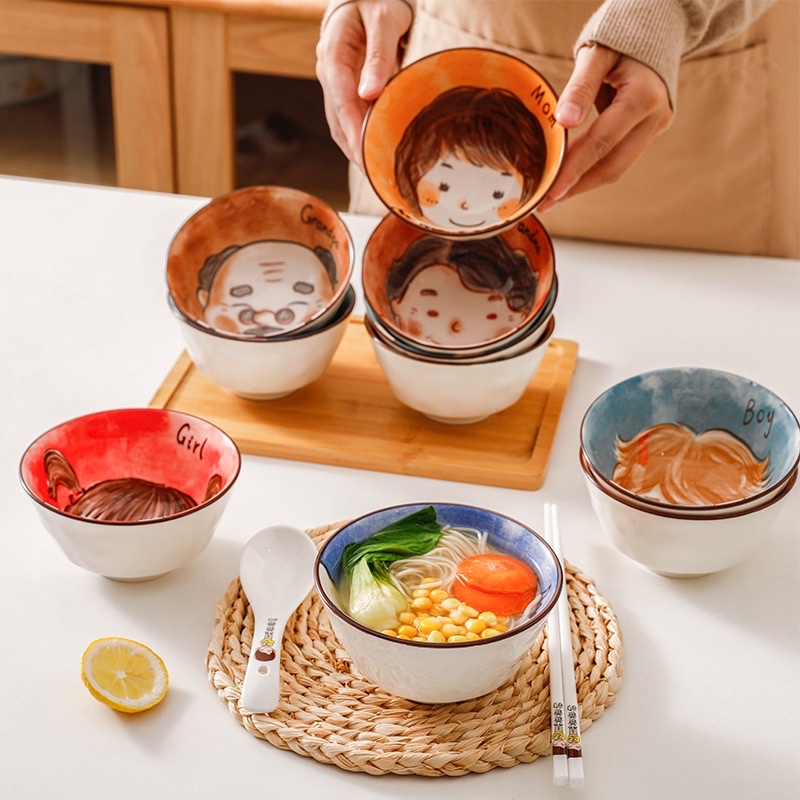 Bát cơm gia đình, chén ăn cơm 6 thành viên ngộ nghĩnh đáng yêu, bát sứ gia đình quà tặng ý nghĩa