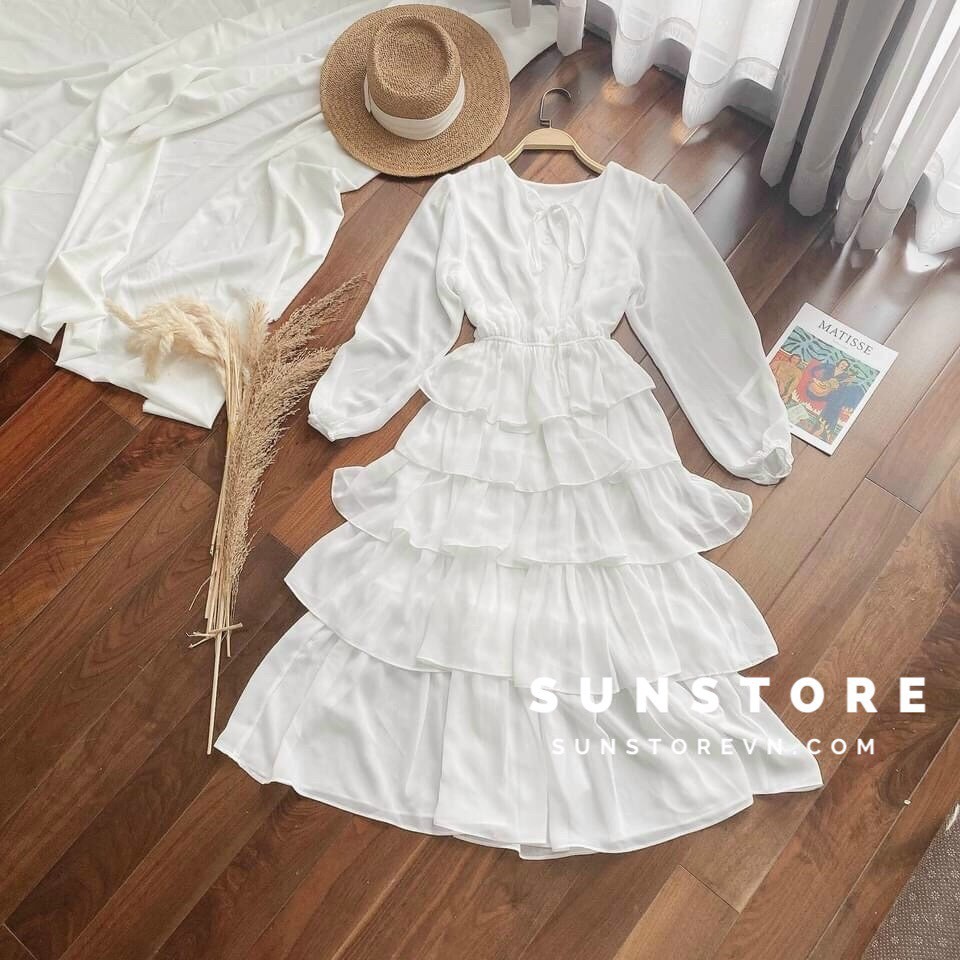 Đầm dự tiệc dáng dài midi váy xoè xếp tầng tay dài bồng nhẹ màu trắng