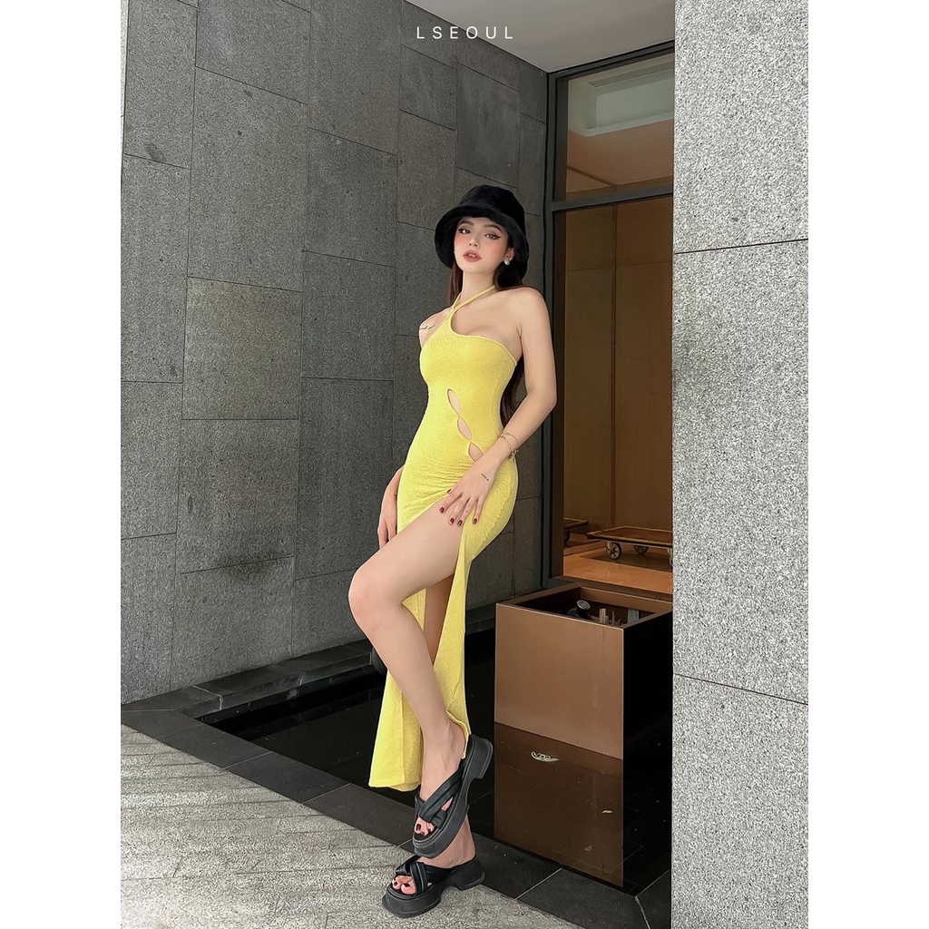 Đầm Body Cổ Yếm Khoét Eo Cách Điệu LSEOUL V1401 Chất Thun Gân Co Dãn Tôn Dáng