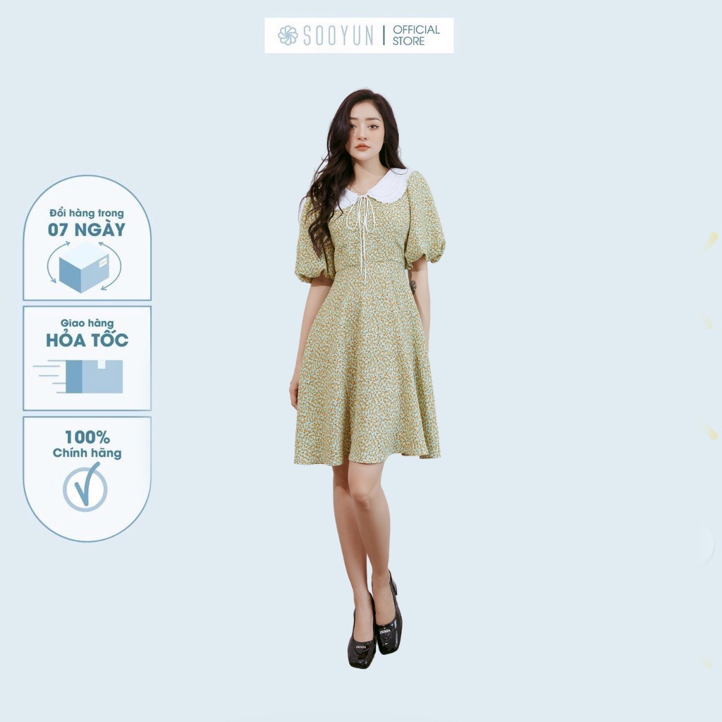 Váy thô nữ SOOYUN hoa vàng nền xanh phối cổ trắng SVA015