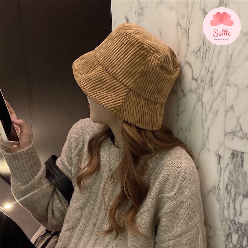 Mũ bucket vành cụp unisex nón tai bèo trơn nỉ nhung gân tăm nhiều màu nam nữ Sollle