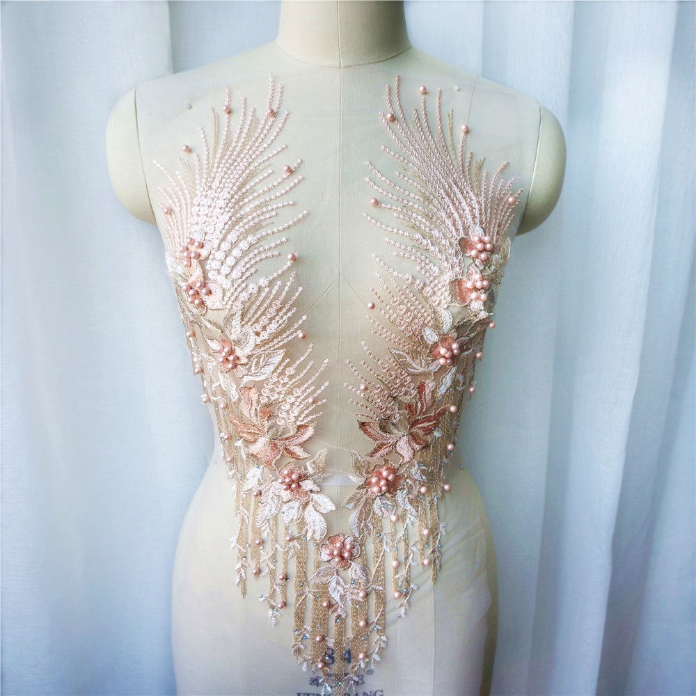 Mai Màu Hồng Thêu Ren Đính May Hạt Vải Hoa Cổ Miếng Dán Váy Cưới DIY