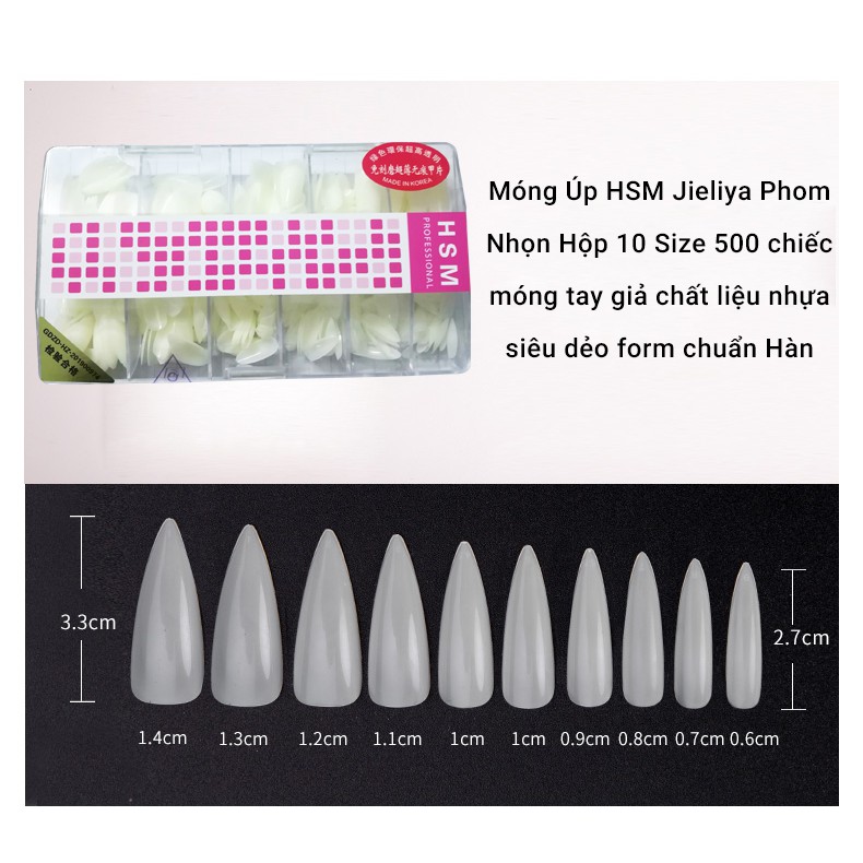 Móng úp HSM Jieliya phom nhọn hộp 500 móng giả chất liệu nhựa siêu dẻo form chuẩn Hàn