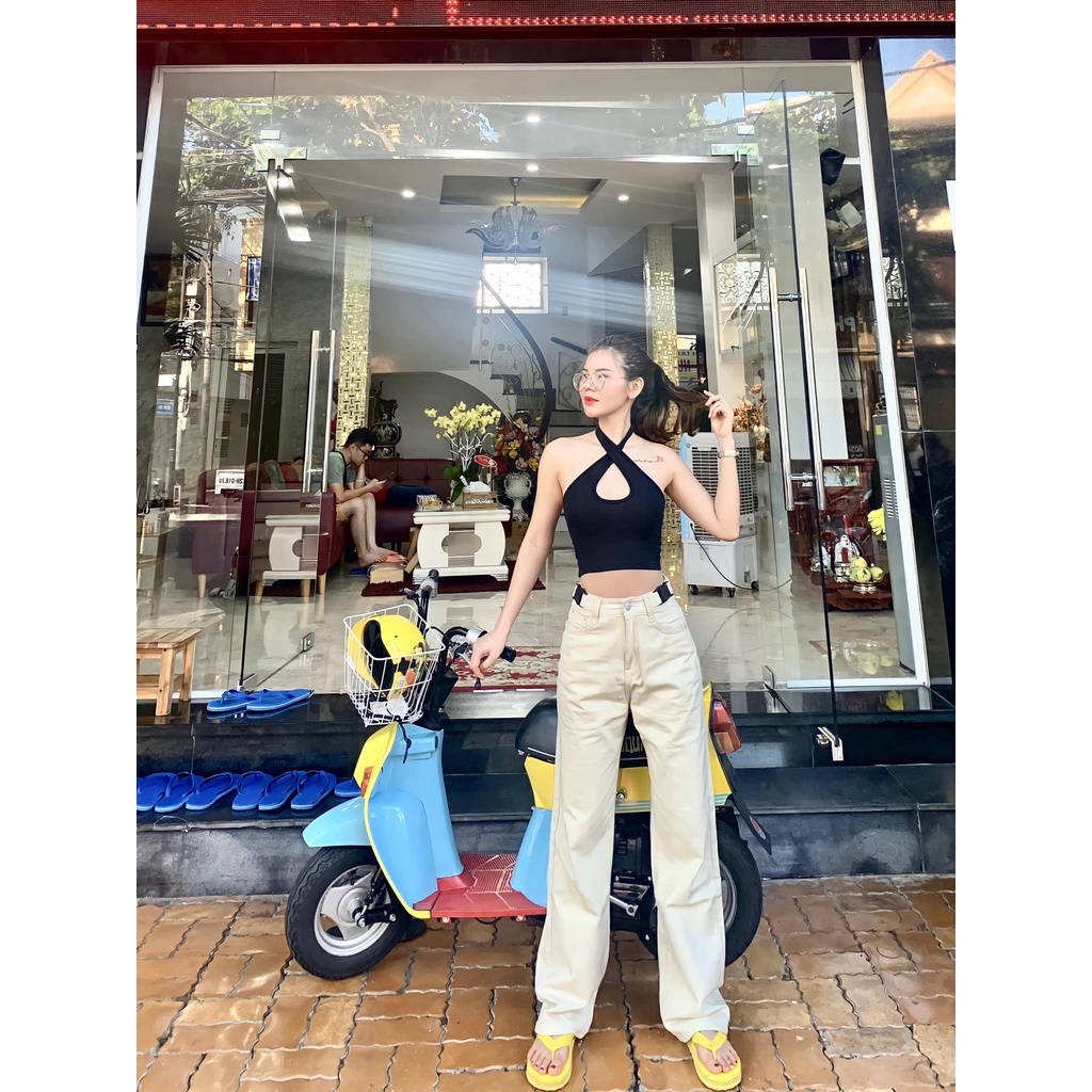 Quần suông mix khóa bấm