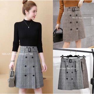 Chân váy dạ kẻ kèm đai 2 hàng khuy thời trang.
