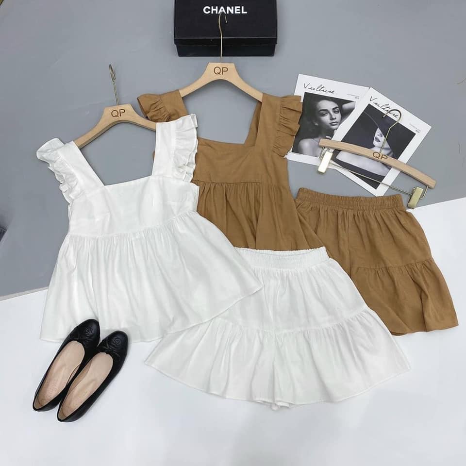 đồ bộ nữ áo cánh tiên cổ vuông chất thô đũi dáng Baby Doll mix quần xòe váy