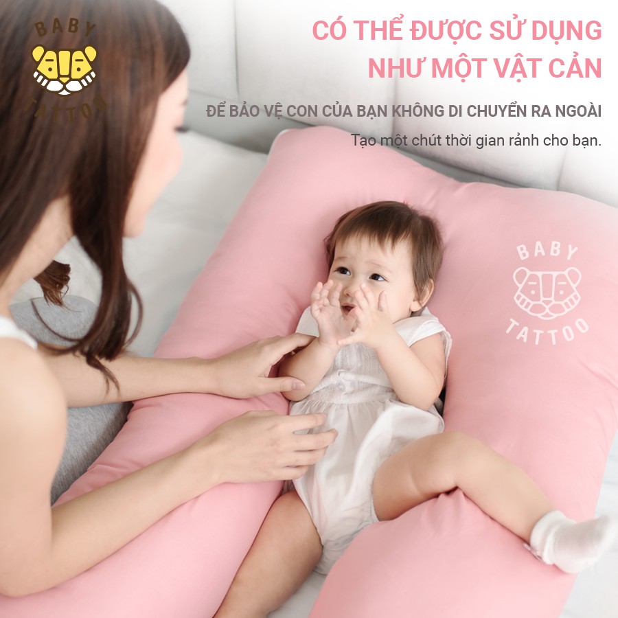 BABY TATTOO Gối Ôm Chữ U Cho Mẹ Bầu Cao Cấp CÓ THỂ THÁO RỜI, 3.2KG 75Ｘ140CM