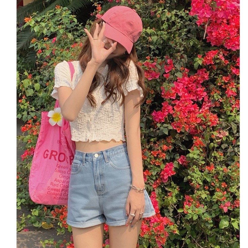 Cocory vn Áo kiểu croptop tay ngắn cổ chữ V cài nút thời trang mùa hè xinh xắn quyến rũ dành cho nữ