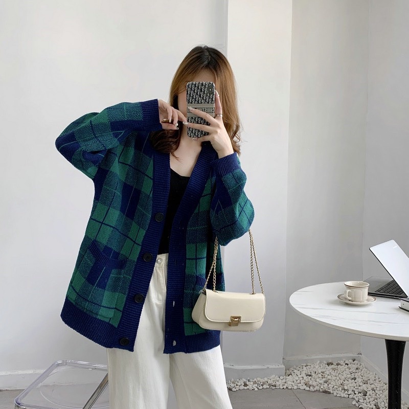 Áo Khoác Len Cardigan Hoạ Tiết Kẻ Ô Hàng Quảng Châu Cao Cấp