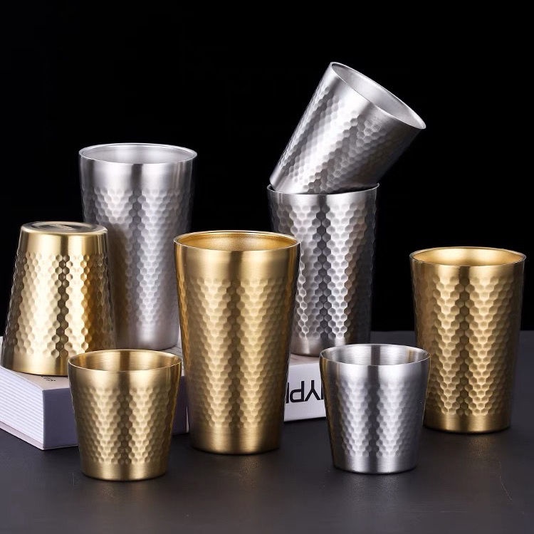 Cốc Uống Bia/Nước Ép Bằng Thép Không Gỉ 304 Họa Tiết Kim Cương Hai Lớp Màu Vàng Đồng Phong Cách Hàn Quốc Dùng Trong Nhà Hàng