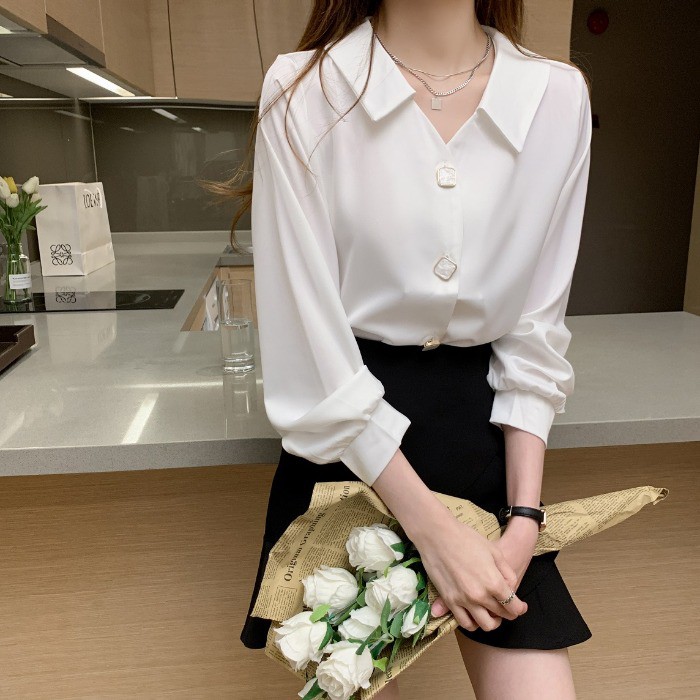 Áo sơ mi tay dài cổ bẻ chữ V thời trang thanh lịch dành cho nữ