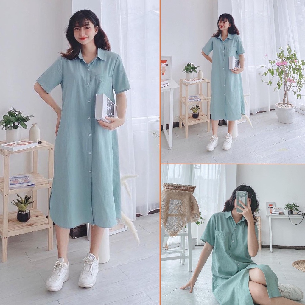 Váy sơ mi nữ dáng dài Linly Store thắt eo form suông vintage V-SMN