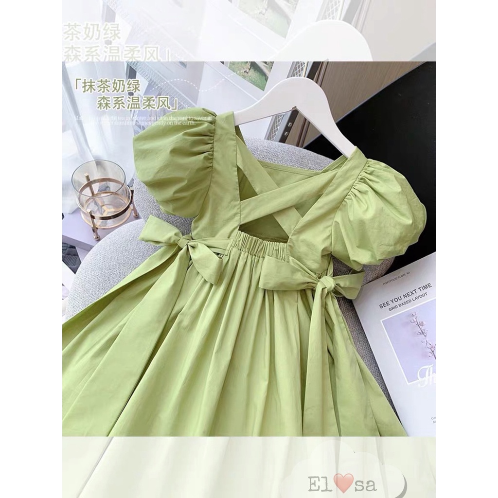 Váy bé gái - Váy cổ vuông màu xanh thắt nơ eo siêu xinh cho bé 1-5 Tuổi ANNAKIDS