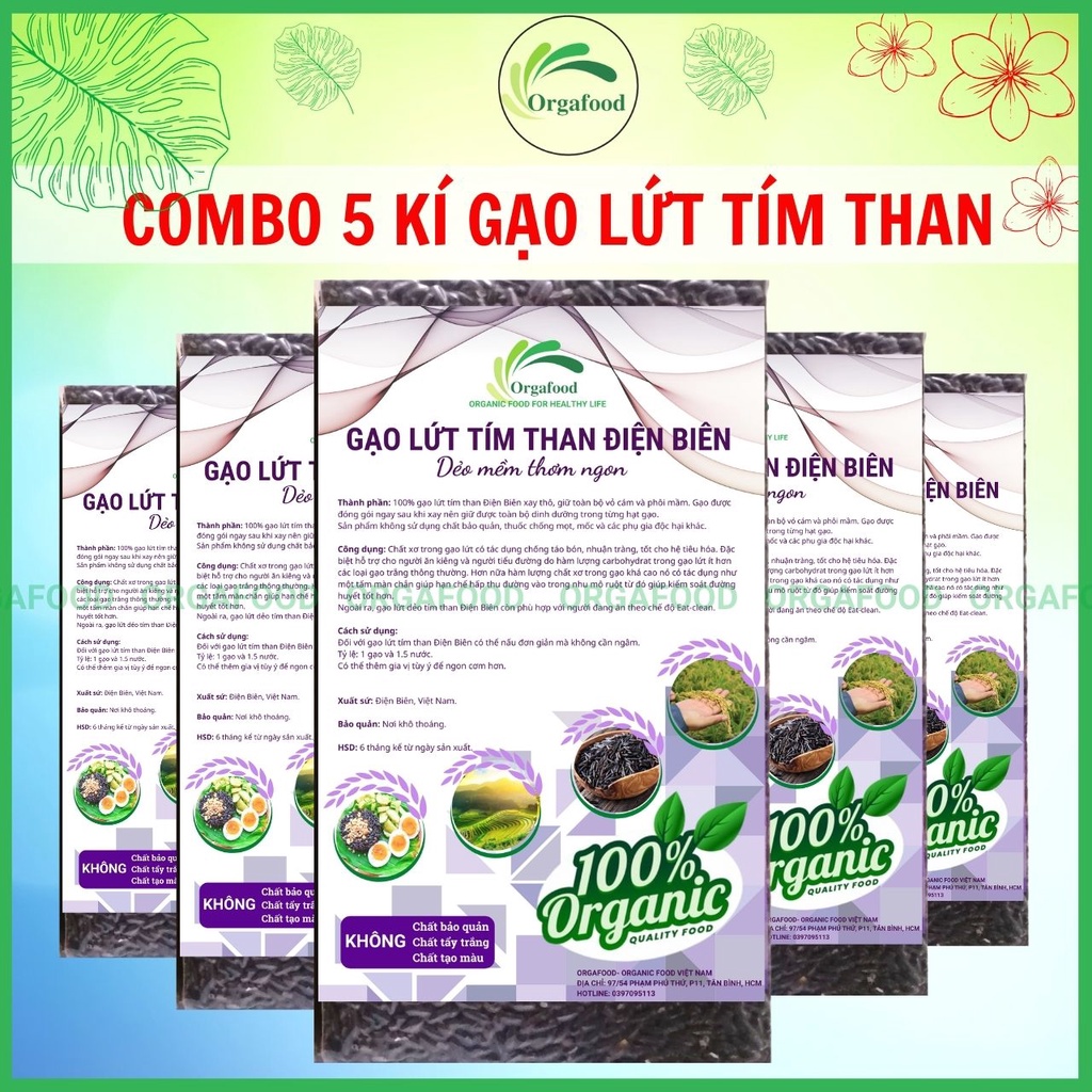 5kg Gạo lứt đen dẻo Điện Biên hữu cơ, gạo lức tím than Orgafood EAT CLEAN giảm cân, ăn kiêng