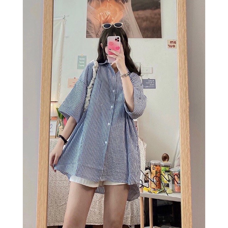 Áo Sơ Mi Kẻ Chất Đũi Xốp Tay Lỡ M063-Lolla_Fashion