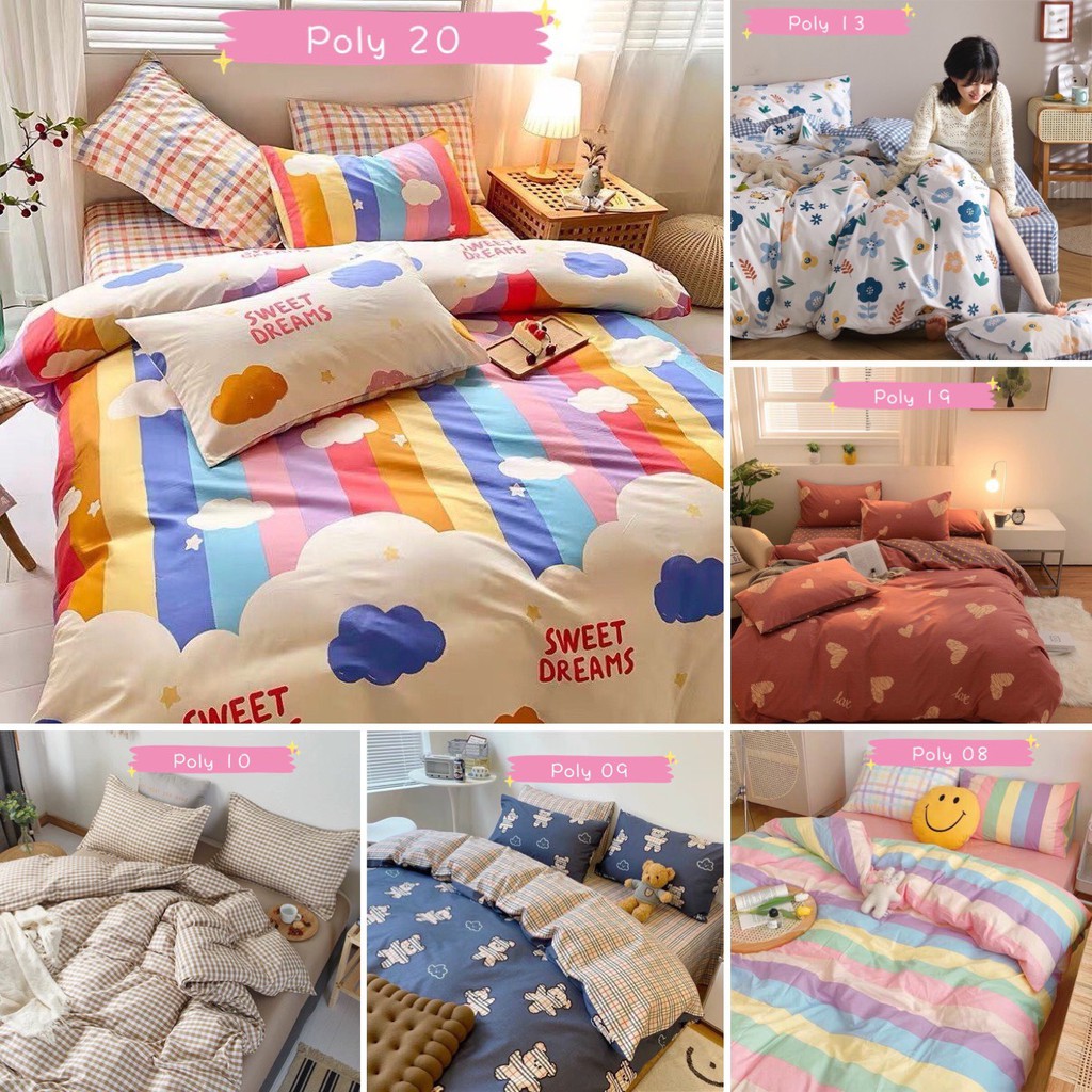 [ XẢ KHO ] Bộ chăn ga Cotton poly kẻ chăn ga Hàn Quốc đủ màu đủ size miễn phí bo chun