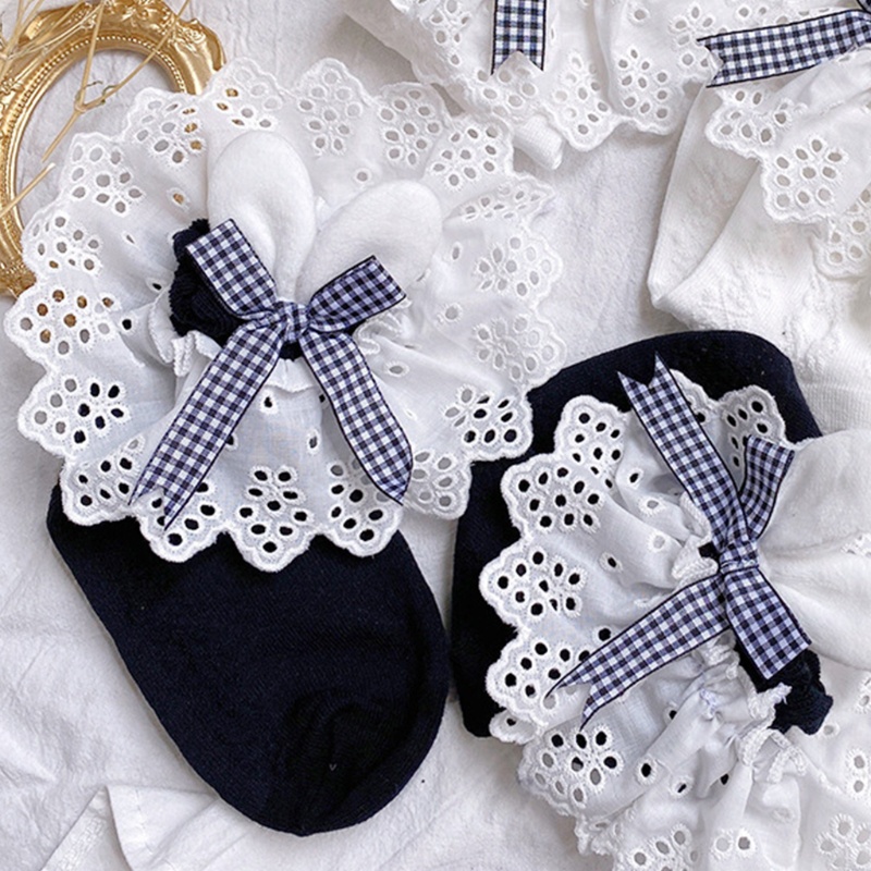 Vớ Ngắn Thêu Họa Tiết Caro Đính Nơ Tai Thỏ Phong Cách Lolita Nhật Bản 10MK