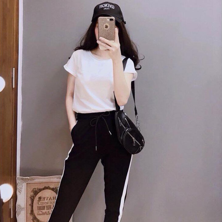 Quần Thun Nữ, Quần 1 Sọc Baggy Thể Thao Cotton Màu Đen Unisex C233