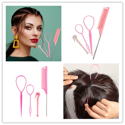 1 Bộ Dụng Cụ Bện Tóc Chuyên Nghiệp Màu Hồng Đuôi Nhọn Cho Người Mới Bắt Đầu