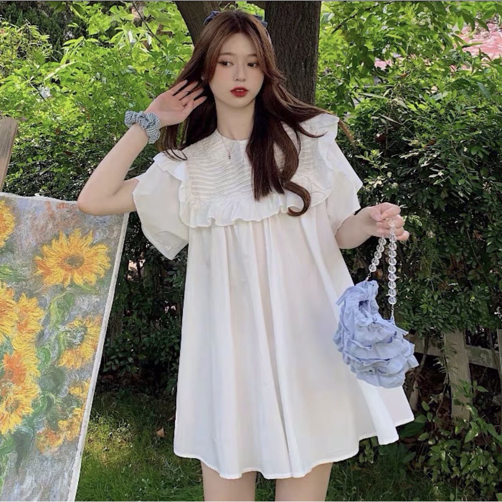 Váy babydoll bèo vai xếp li ngang ren ngực dáng ngắn giấu quần