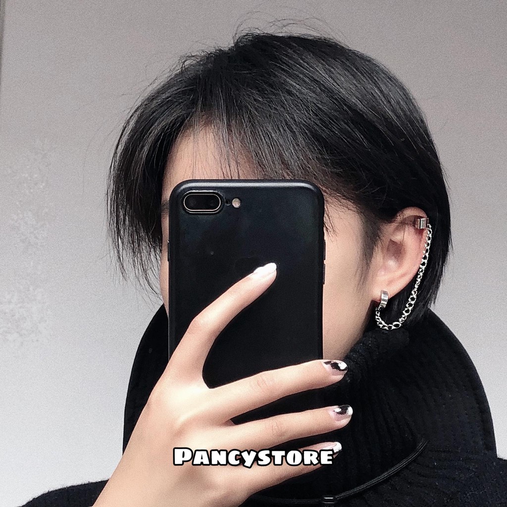 kẹp tai bông tai tròn dây xích titan cho nam nữ unisex