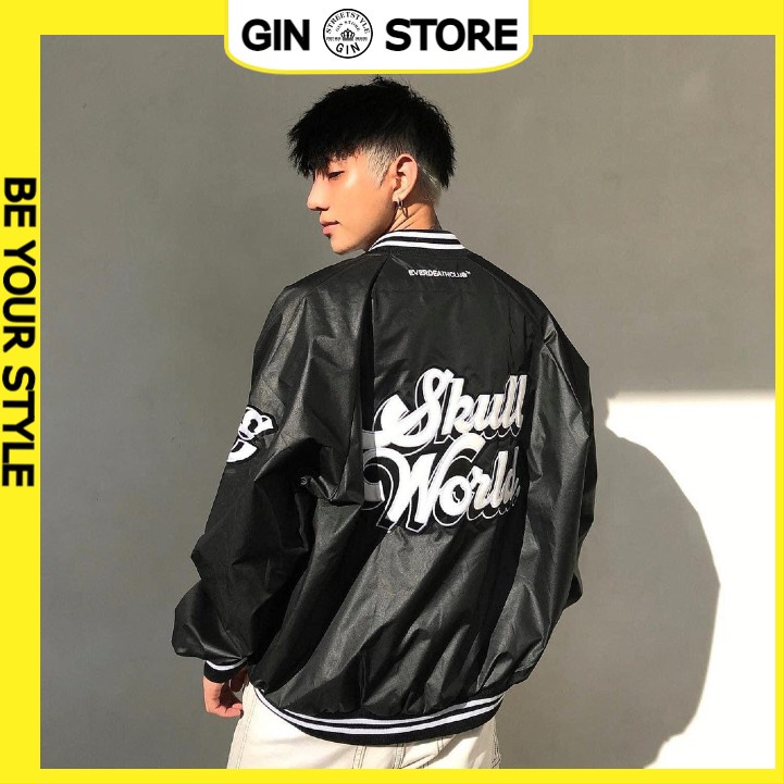 Áo khoác dù Bomber Thêu logo Skull Workd form nam nữ unisex áo form rộng oversize - GIN STORE