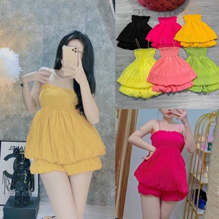 Set Bộ Đồ Nữ Xoè Áo Dây Nhúng Bo Chun + Quần Tôn Dáng Tiểu Thư