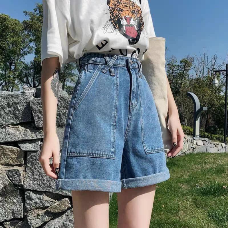 Quần short jean nữ trơn lưng cao ống rộng ulzzang/ Quần sooc bò ngố ống lửng phong cách hàn quốc_veestore  ྇ *