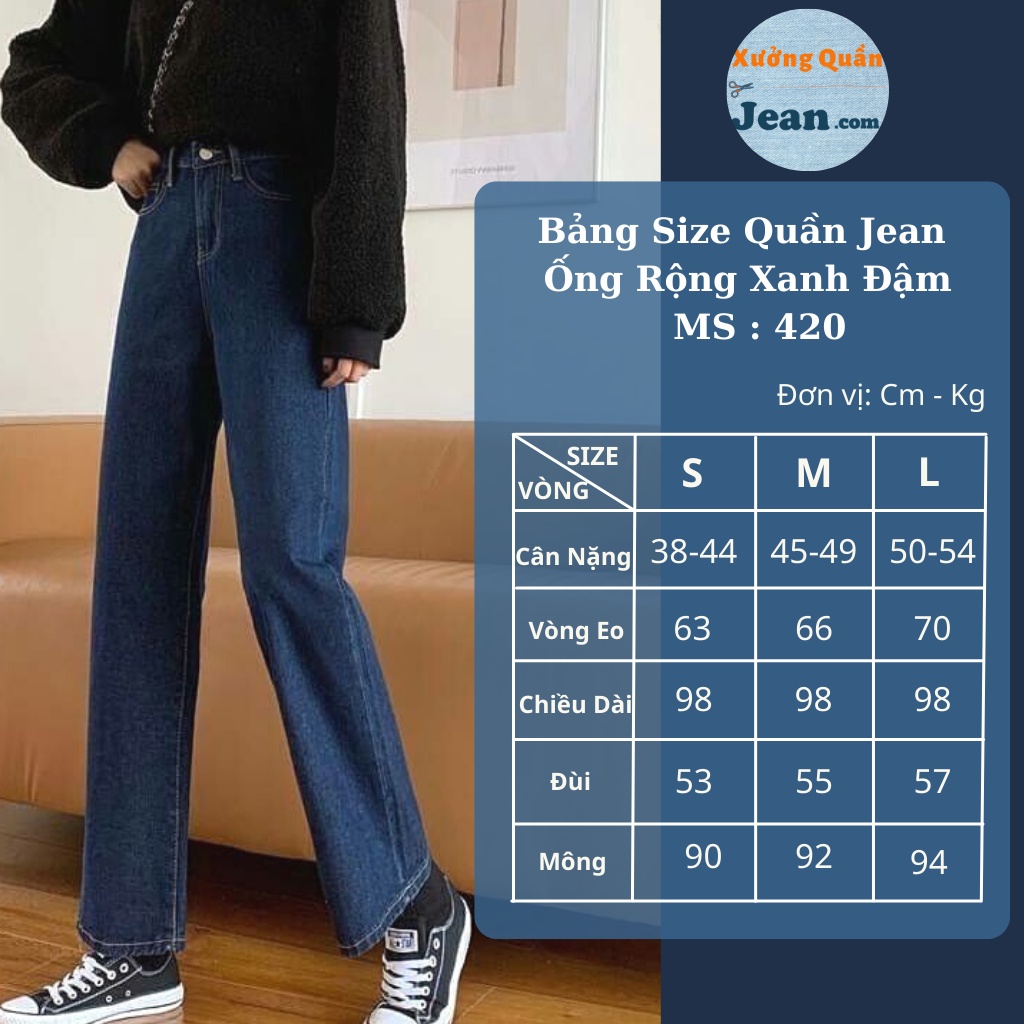Quần Jean Nữ Ống Rộng Lưng Cao Dáng Suông, Quần Bò Trơn Màu Xanh Đậm Sang Chảnh Size SML 420