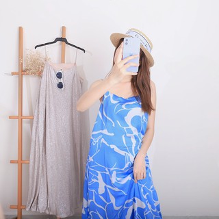 Đầm maxi vải satin cao cấp, bèo nhún chân váy MOMMADE, freesize