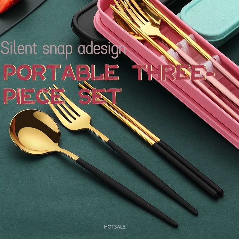 Bộ muỗng nĩa đũa ba món bằng thép không gỉ di động cho học sinh