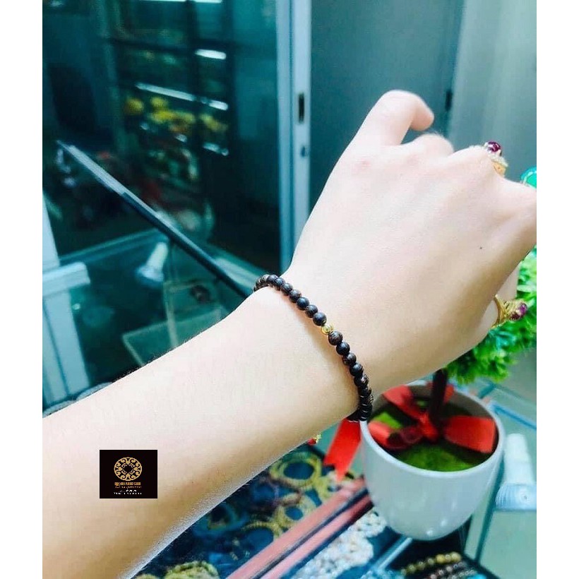 Vòng tay trầm hương nữ indonesia. vòng trầm hương thiên nhiên hạt tròn 4mm kết hợp bi vàng, bạc. vòng đeo tay nữ tinh tế