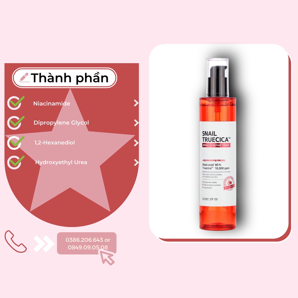 Nước Hoa Hồng Chiết Xuất Ốc Sên Dưỡng Ẩm, Hồi Phục Some By Mi Da Snail Truecica Miracle Repair Toner 135ml TN1084