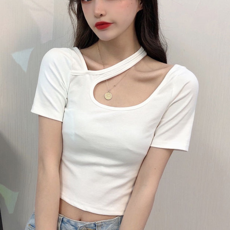 Áo Thun Tay Ngắn Màu Trơn Đơn Giản Cho Nữ 156300 Áo Thun Dáng Ngắn Hở Xương Quai Xanh Quyến Rũ Trẻ Trung Cho Bạn Gái