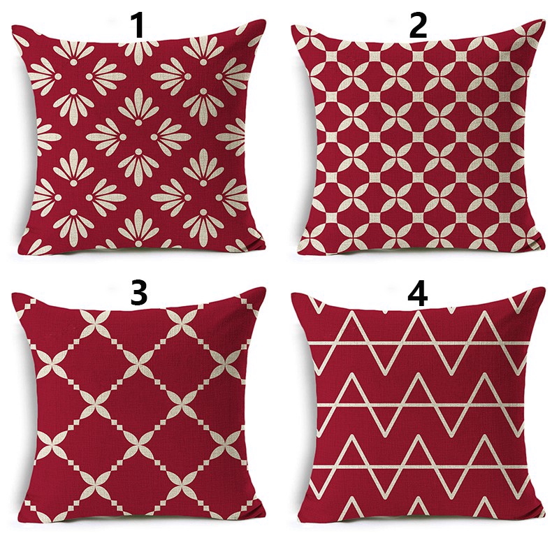 Vỏ gối sofa vải lanh họa tiết hình học trắng đỏ