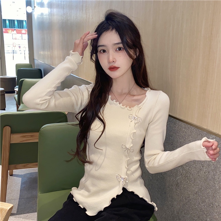 Áo dệt kim QKOOLE tay dài dáng ôm cổ chữ V đơn giản phong cách Hàn Quốc dành cho nữ