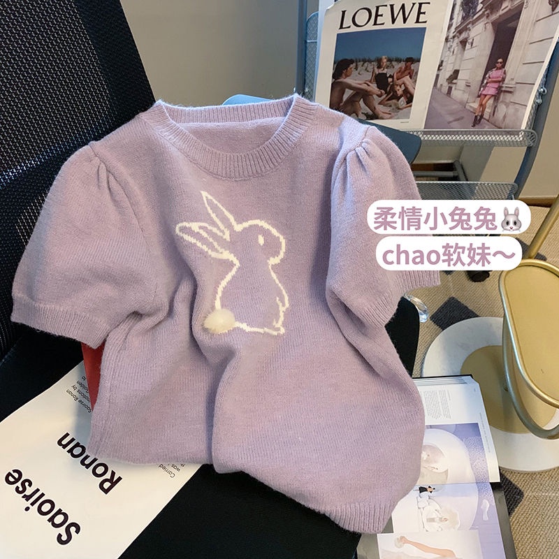 Áo Sweater Dáng Ngắn Họa Tiết Thỏ Màu Tím Thiết Kế Mới Thời Trang Theo Phong Cách  tao bao
