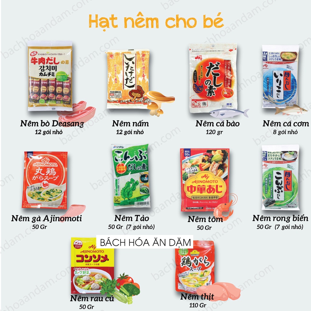 Gia vị (hạt nêm) Cho Bé Ăn Dặm [Nêm Cá Bào, Nêm Gà Rau Củ, Nêm Tôm, Nêm Bò, Nêm Thị, Nêm Rong Biển